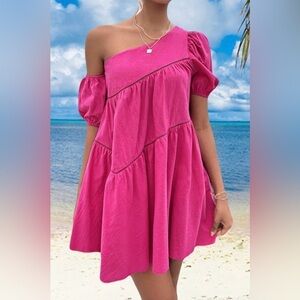 Flirty Pink Cotton Off-The Shoulder Puff Sleeves Mini Babydoll Dress